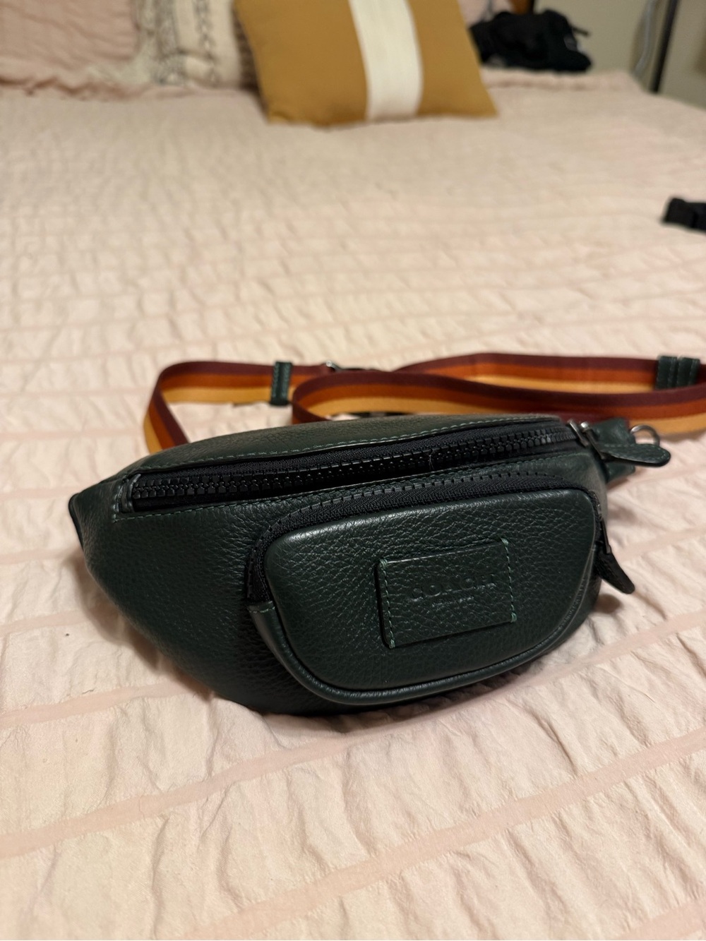 Coach Dark Green Leather Men's Belt Bag with Striped Strap
